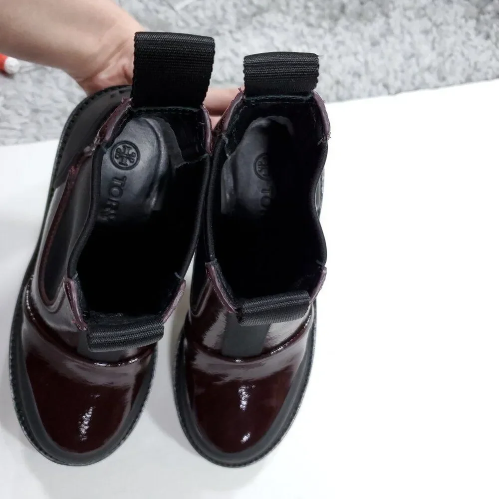 Tory Burch Ankle Boots Chelsea Lug Sole Plum Purple Pull On Leather Size 5.5